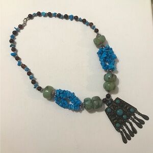 Tribal Unique Statement Necklace Blue Stones Green Beads 20 inches